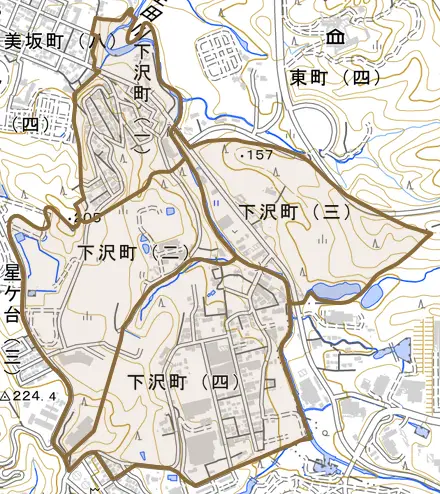 下沢町とその周辺の地図。町の範囲を重ねている