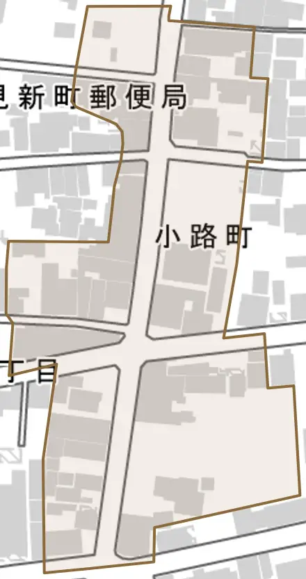 小路町とその周辺の地図。町の範囲を重ねている