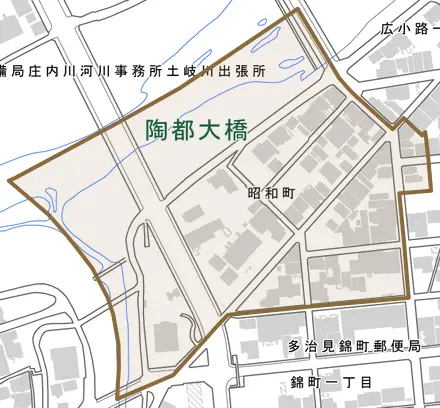昭和町とその周辺の地図。町の範囲を重ねている