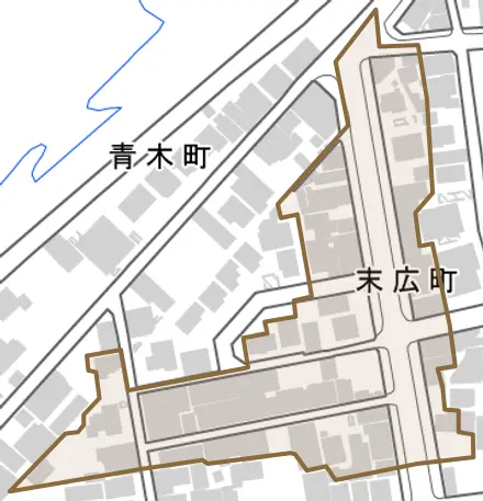 末広町とその周辺の地図。町の範囲を重ねている