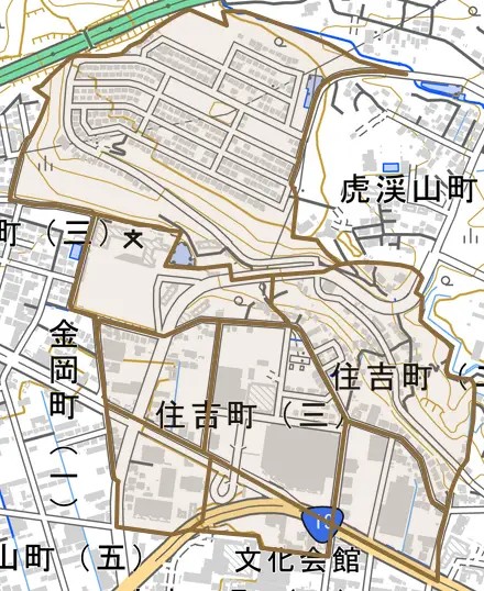 住吉町とその周辺の地図。町の範囲を重ねている