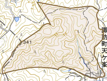 諏訪町北ノ洞とその周辺の地図。町の範囲を重ねている