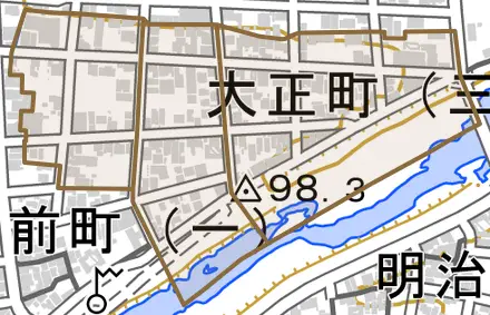 大正町とその周辺の地図。町の範囲を重ねている