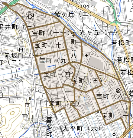 宝町とその周辺の地図。町の範囲を重ねている