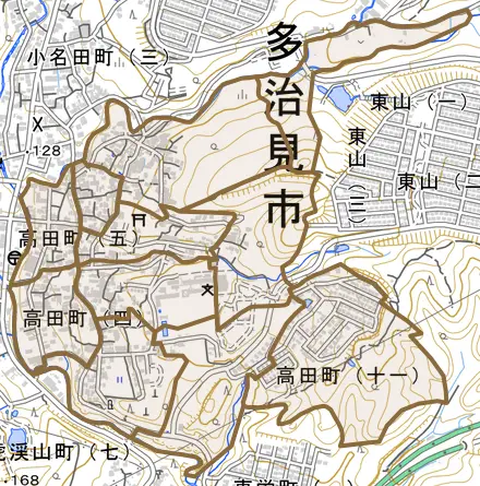 高田町とその周辺の地図。町の範囲を重ねている