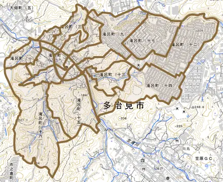滝呂町とその周辺の地図。町の範囲を重ねている