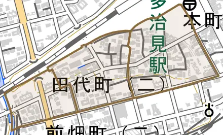 田代町とその周辺の地図。町の範囲を重ねている