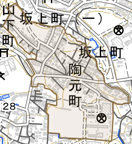 陶元町とその周辺の地図。町の範囲を重ねている
