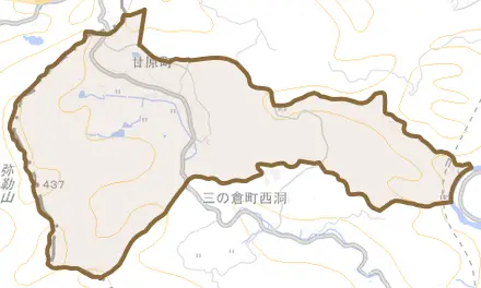 廿原町とその周辺の地図。町の範囲を重ねている