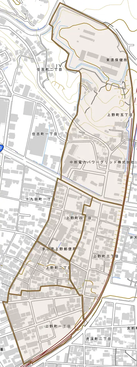 上野町とその周辺の地図。町の範囲を重ねている