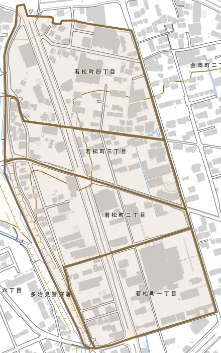 若松町とその周辺の地図。町の範囲を重ねている