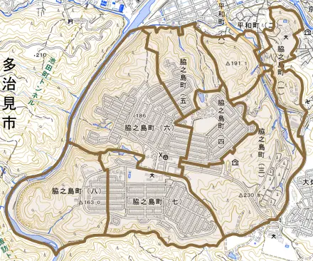 脇之島町とその周辺の地図。町の範囲を重ねている