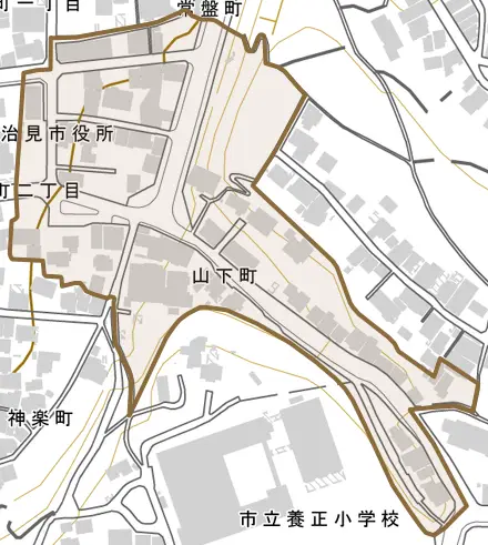山下町とその周辺の地図。町の範囲を重ねている