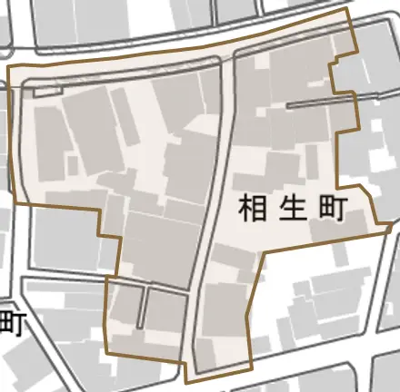 相生町とその周辺の地図。町の範囲を重ねている