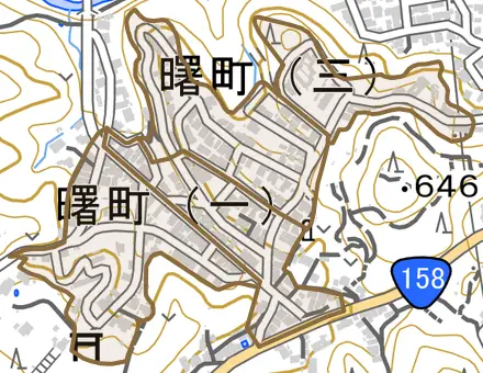 曙町とその周辺の地図。町の範囲を重ねている