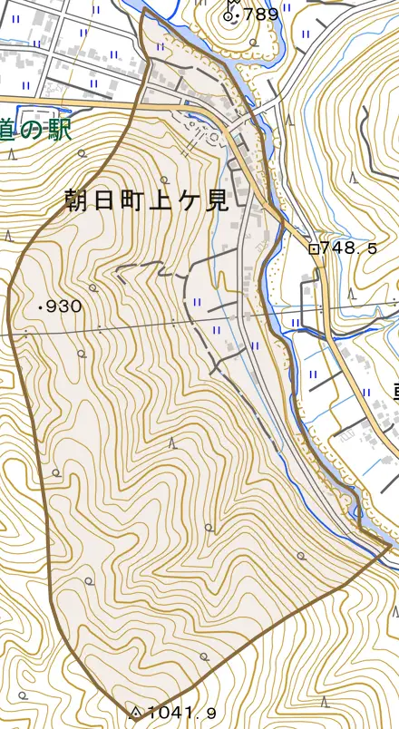 朝日町上ケ見とその周辺の地図。町の範囲を重ねている