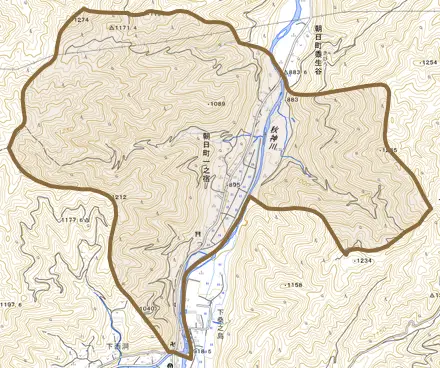 朝日町一之宿とその周辺の地図。町の範囲を重ねている