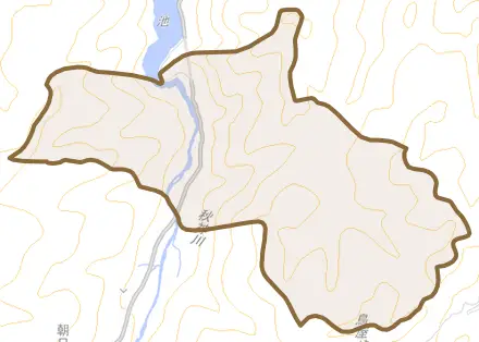 朝日町黍生谷とその周辺の地図。町の範囲を重ねている