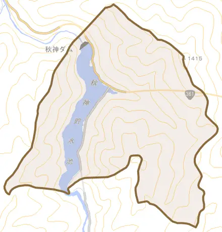 朝日町小瀬ケ洞とその周辺の地図。町の範囲を重ねている