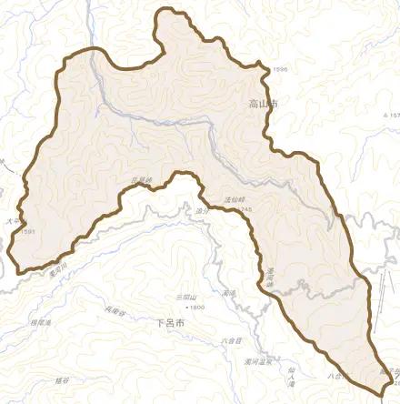 朝日町胡桃島とその周辺の地図。町の範囲を重ねている