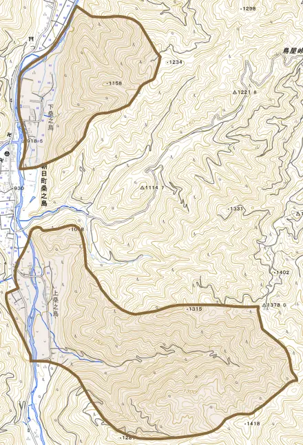 朝日町桑之島とその周辺の地図。町の範囲を重ねている