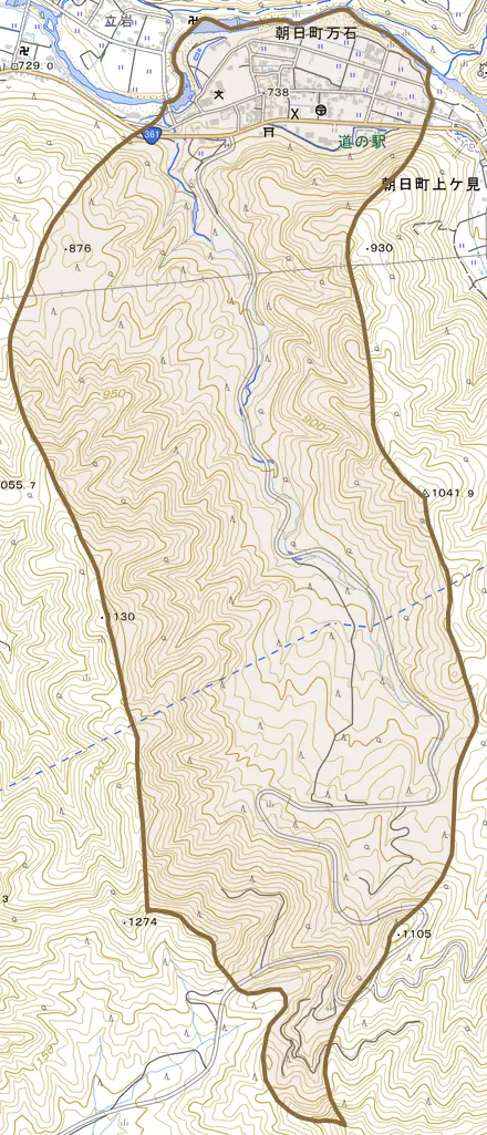 朝日町万石とその周辺の地図。町の範囲を重ねている