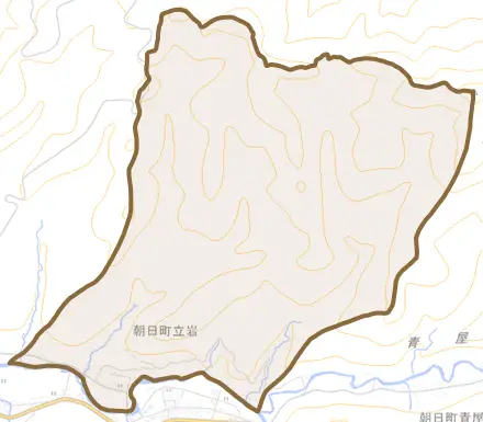朝日町立岩とその周辺の地図。町の範囲を重ねている