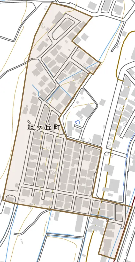 旭ケ丘町とその周辺の地図。町の範囲を重ねている