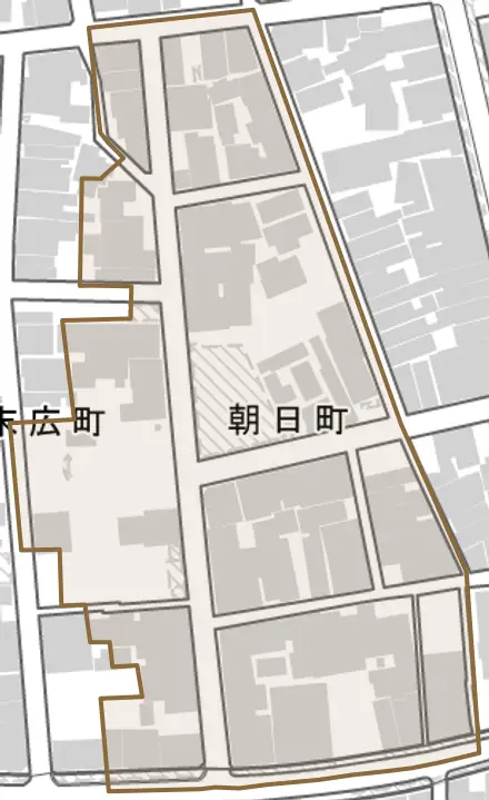 朝日町とその周辺の地図。町の範囲を重ねている
