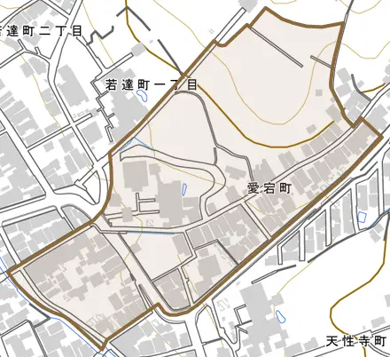 愛宕町とその周辺の地図。町の範囲を重ねている