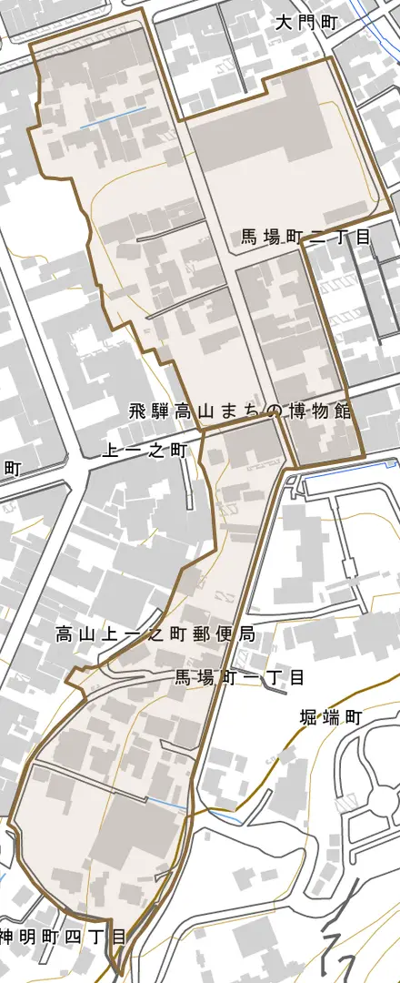 馬場町とその周辺の地図。町の範囲を重ねている