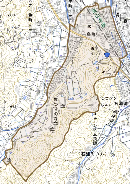 千島町とその周辺の地図。町の範囲を重ねている