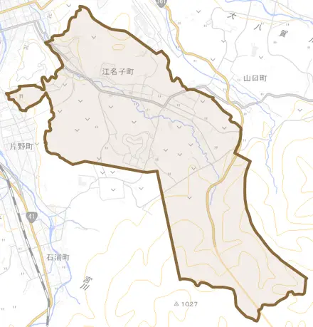江名子町とその周辺の地図。町の範囲を重ねている