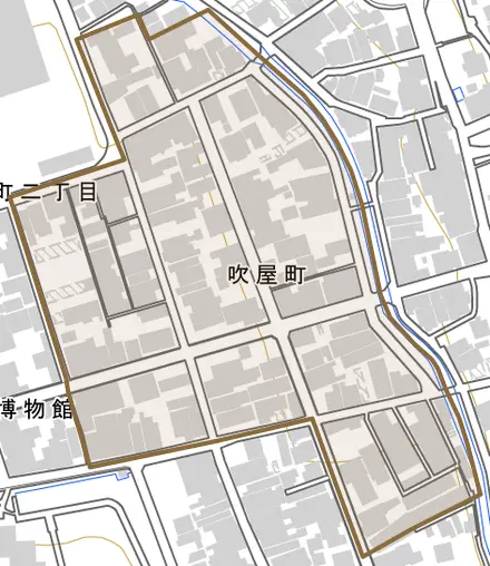 吹屋町とその周辺の地図。町の範囲を重ねている