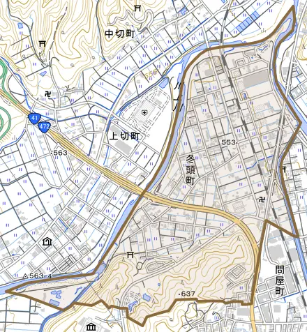 冬頭町とその周辺の地図。町の範囲を重ねている