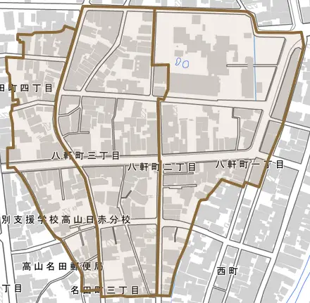 八軒町とその周辺の地図。町の範囲を重ねている