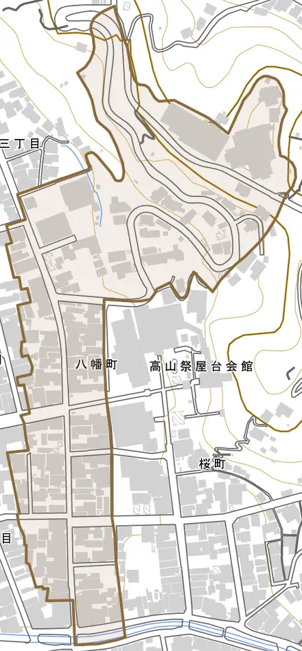 八幡町とその周辺の地図。町の範囲を重ねている