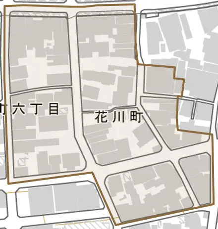 花川町とその周辺の地図。町の範囲を重ねている