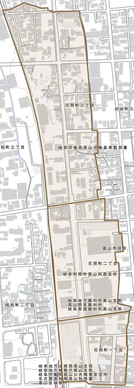 花岡町とその周辺の地図。町の範囲を重ねている