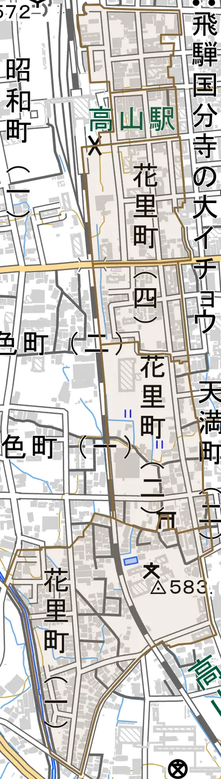 花里町とその周辺の地図。町の範囲を重ねている