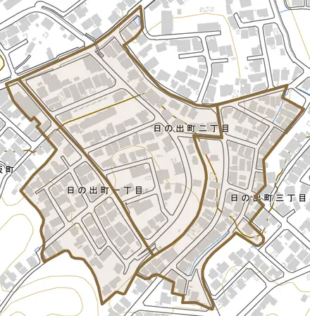 日の出町とその周辺の地図。町の範囲を重ねている