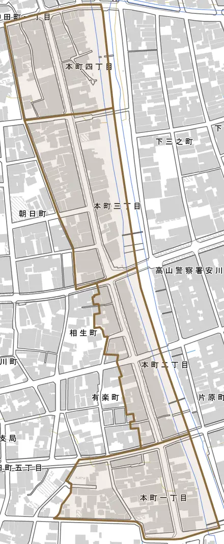 本町とその周辺の地図。町の範囲を重ねている
