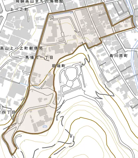 堀端町とその周辺の地図。町の範囲を重ねている