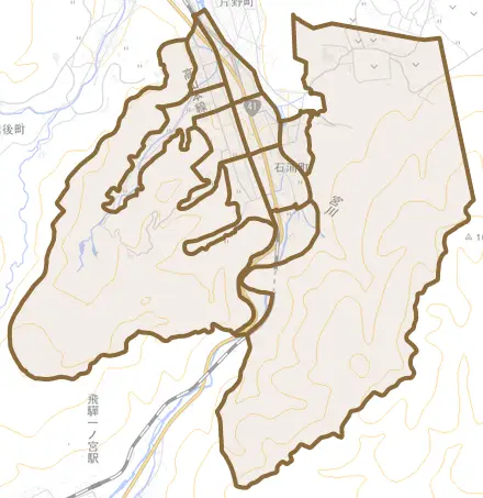 石浦町とその周辺の地図。町の範囲を重ねている