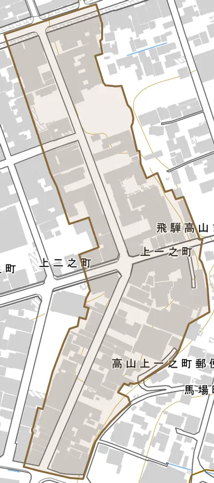 上一之町とその周辺の地図。町の範囲を重ねている