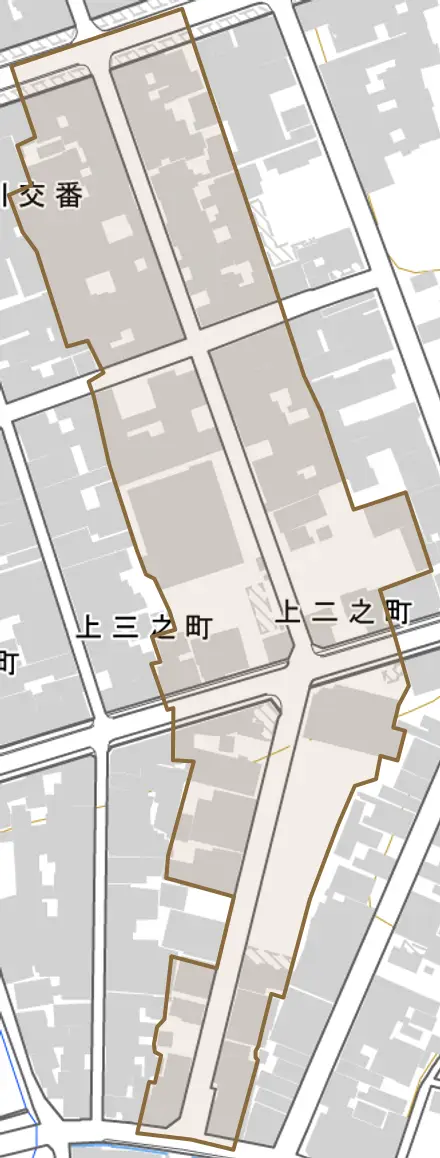 上二之町とその周辺の地図。町の範囲を重ねている