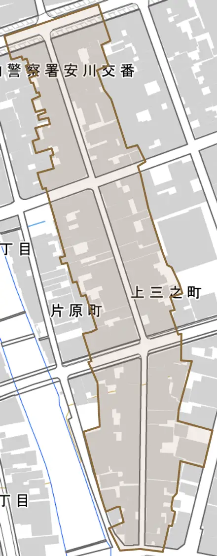 上三之町とその周辺の地図。町の範囲を重ねている
