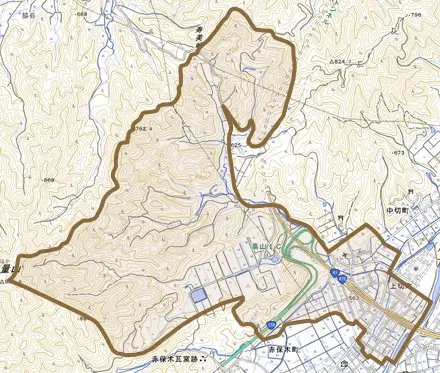 上切町とその周辺の地図。町の範囲を重ねている