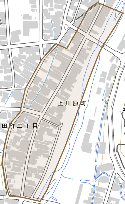 上川原町とその周辺の地図。町の範囲を重ねている