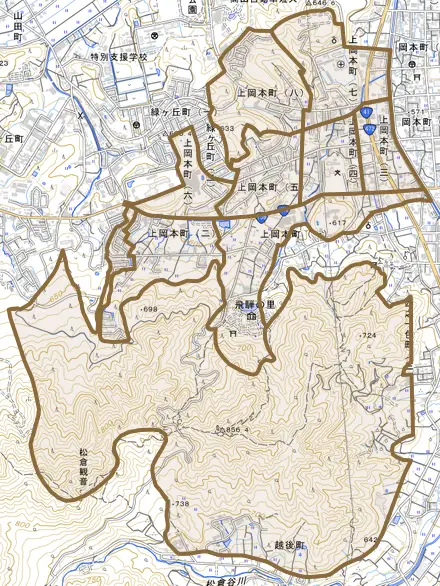 上岡本町とその周辺の地図。町の範囲を重ねている